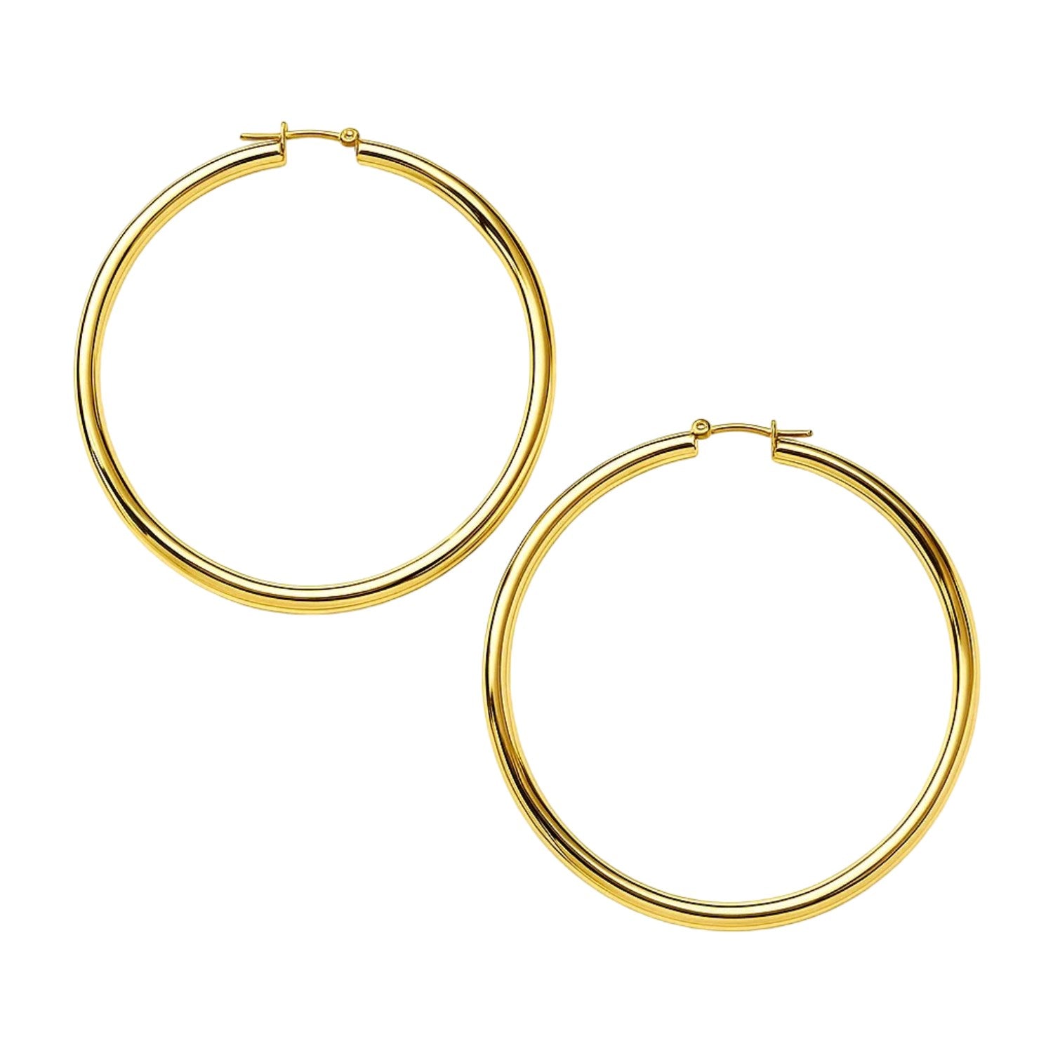14k Yellow Gold Polished Large Round Hoop Earrings(2x60mm) in a sleek high-contrast midnight luxury editorial style